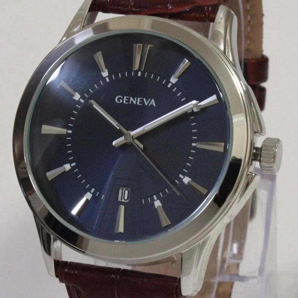 Geneva Men's Dress Watch Silver Tone Navy Blue Dial Brown Strap 42mm